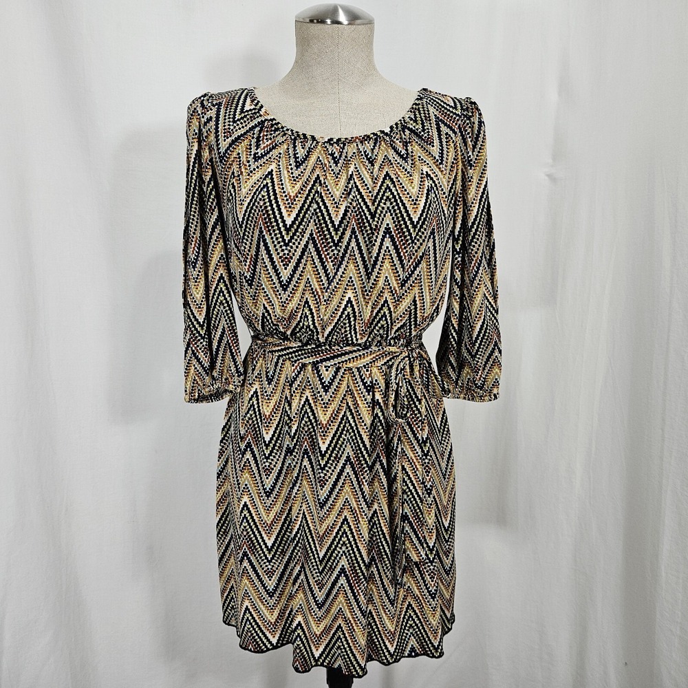 Sweet Storm Blouson Dress Women Medium Brown Chevron Print Elastic Tie Waist 80s